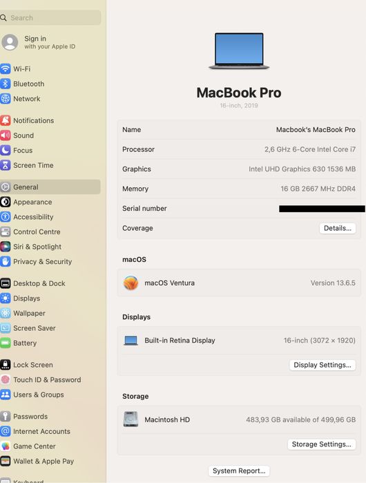 MacBook Pro 16-inch / Intel Core i7/ 16 Gb RAM / 512 gb/Space Gray/Nou