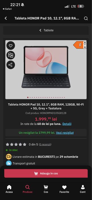 Tableta HONOR Pad 10, 12.1", 8GB RAM, 256 GB , Wi-Fi Grey  SIGILATA