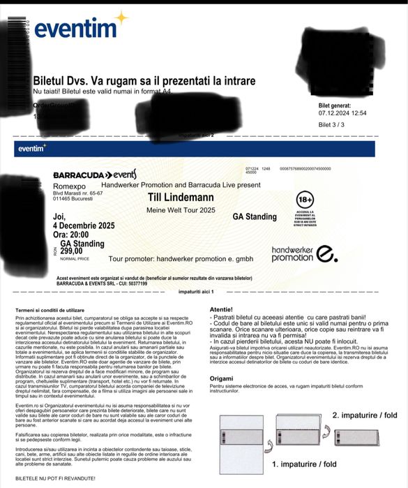 3 bilete GA Till Lindemann - 4.12.2025 Romexpo