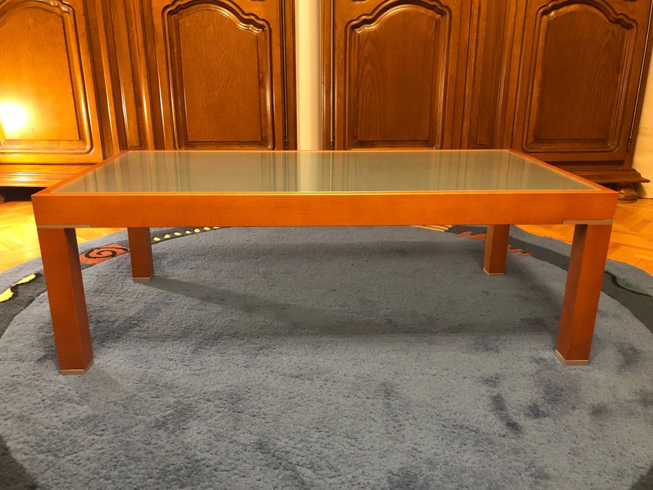 Masuta cafea lemn cires + cristal sablat + aluminiu, stare foarte buna