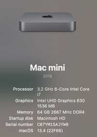 Mac Mini 2018 - 3,2 GHz i7, 64 GB 2667 MHz DDR4, 10Gb Ethernet