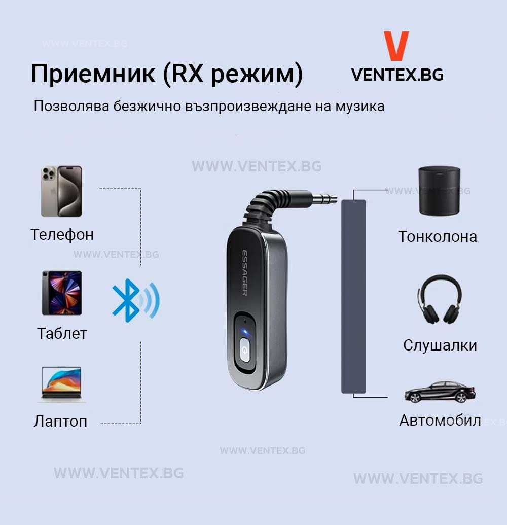 Bluetooth 5.1 адаптер за автомобил с вградена батерия и микрофон RX/TX