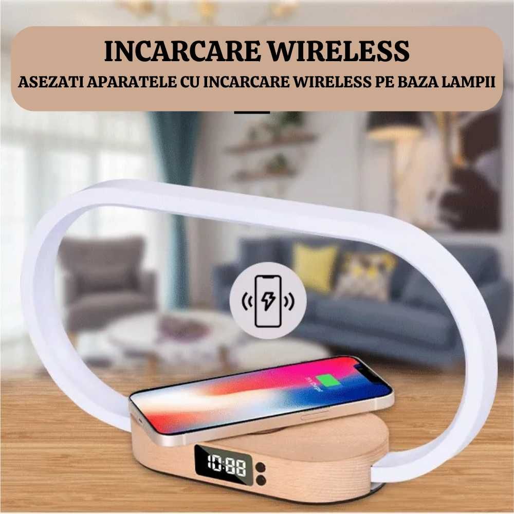 lampa, veioza de noptiera cu incarcare wireless sau usb pentru telefon