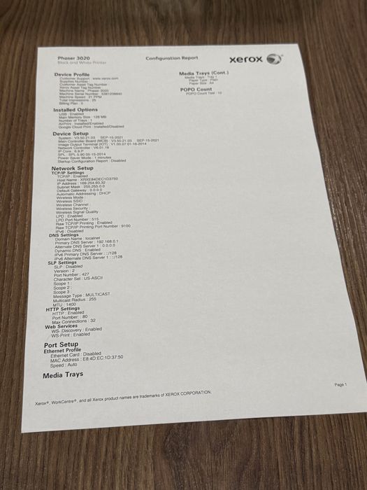 Принтер Xerox phaser 3020
