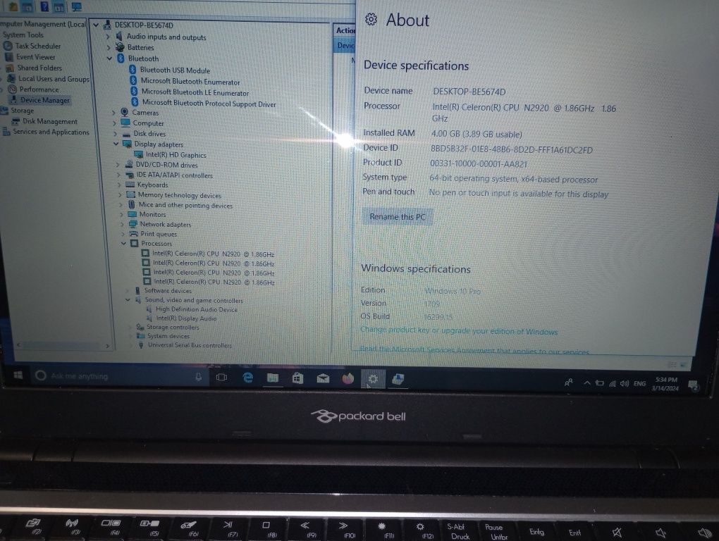 Laptop slim Packard Bell, Intel QuadCore,  500 gb , buetooth, f.ieftin