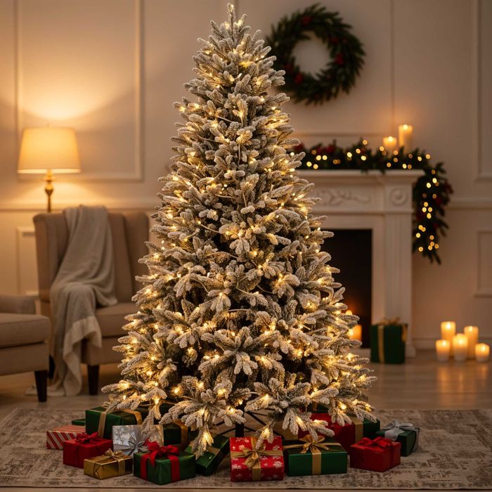Brad de Crăciun Premium cu Zăpadă și Conuri 150cm – LED-uri Alb Cald