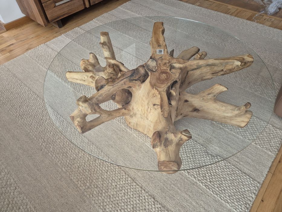 Masa cafea leaving lemn masiv buturuga cioata cu sticla securizata