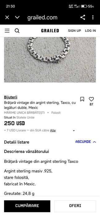 Brățară argint Texco cu legături duble, Mexic.