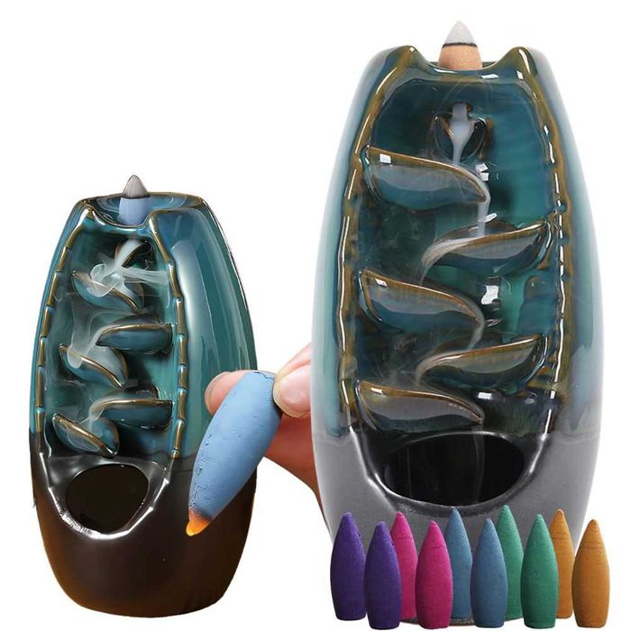 Arzator ceramic conuri parfumate cascada cu 10 conuri incluse albastru
