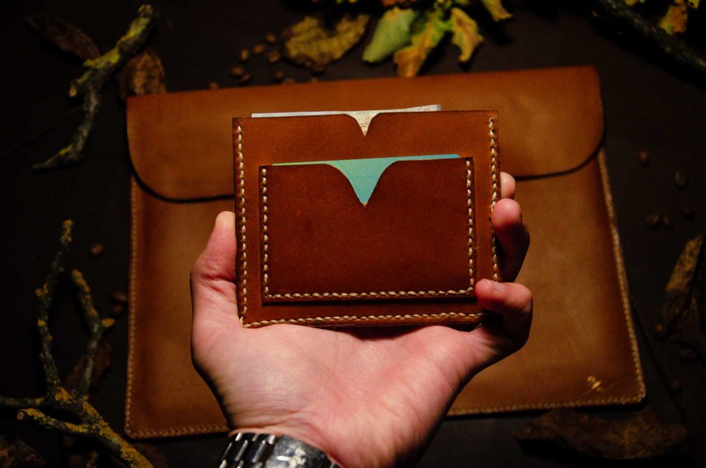 Portcard piele naturală maro handmade - Staphano