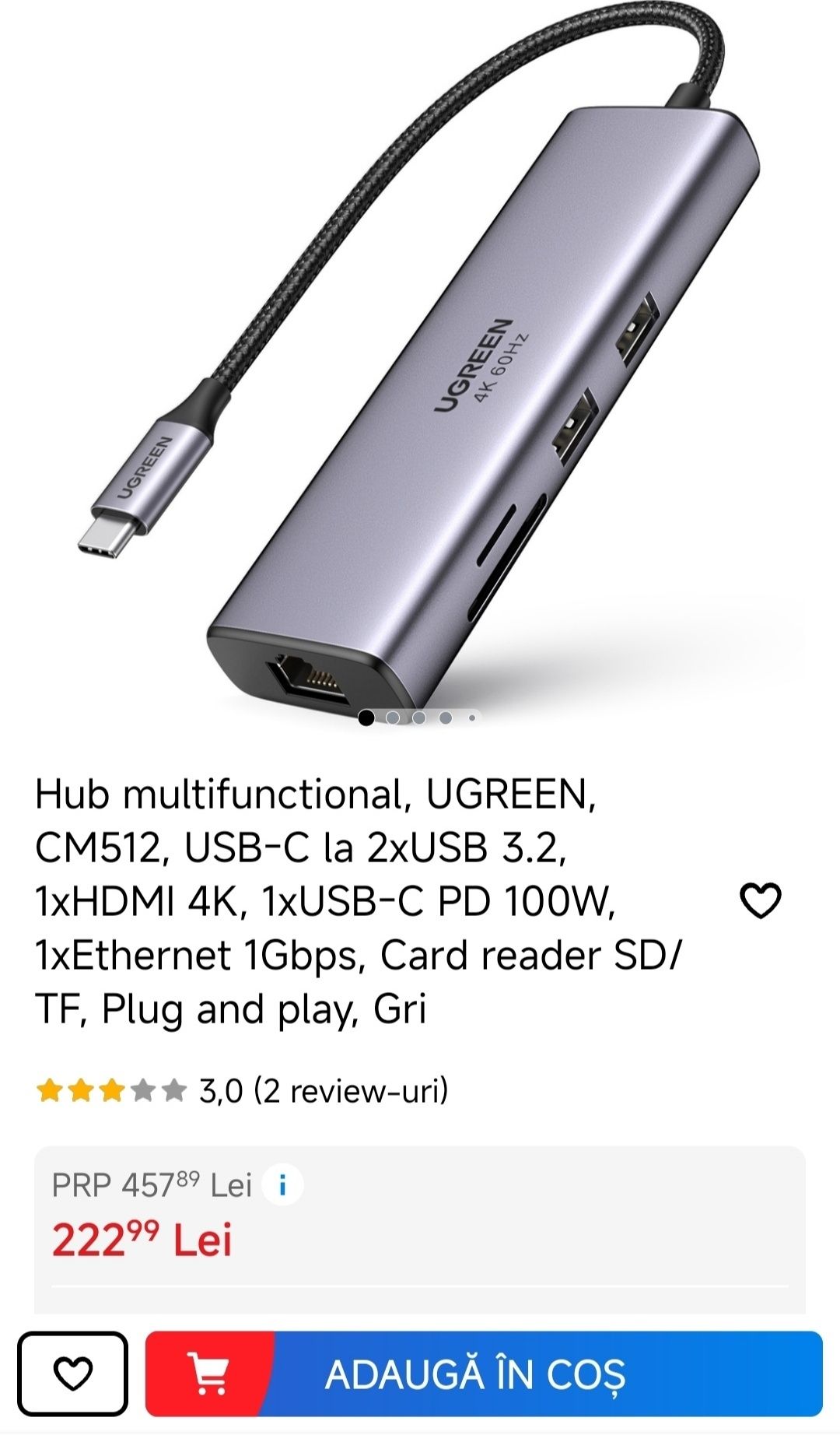 Hub Ugreen 7 in 1 USB C hdmi 4k 100w rj45 1Gbps C60515 CM512