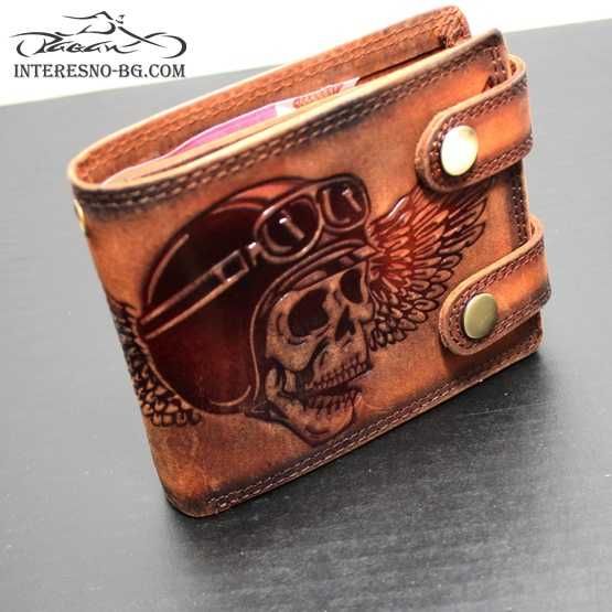 Рокерски портфейл от естествена кожа SKULL (red)