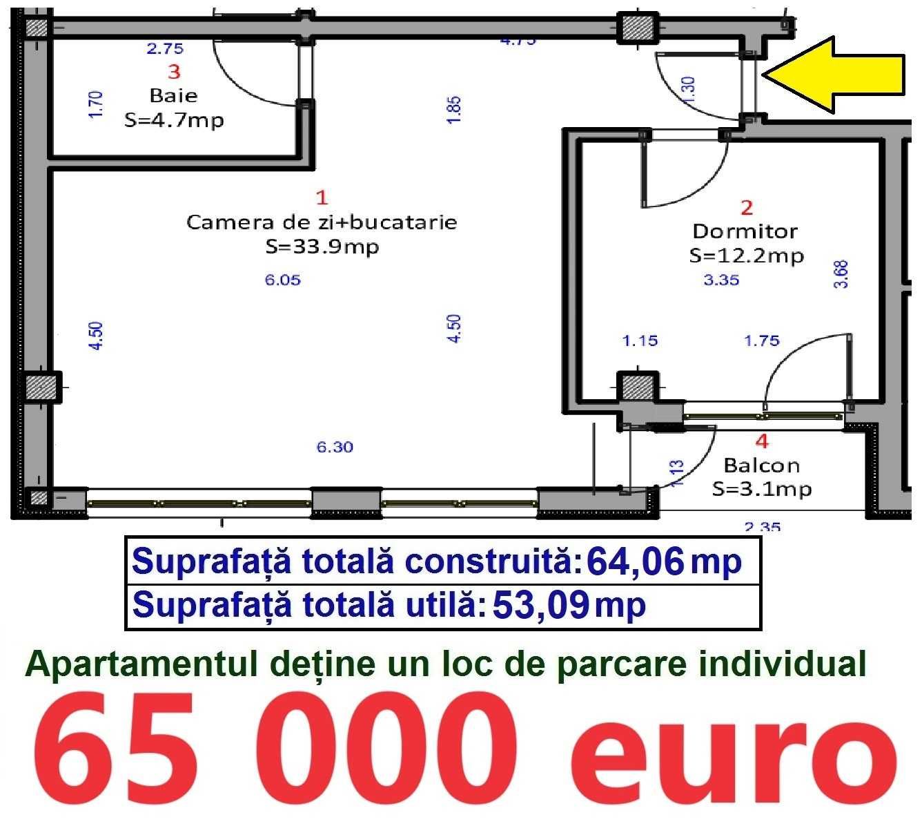 Apartament 2 camere finisat+parcare Vasile Milea - Semaforului-Oncești