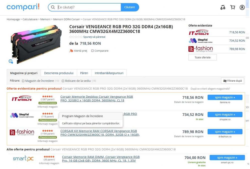 Memorie RAM Corsair Vengeance RGB PRO 32GB DDR4 3600MHz Dual  Kit