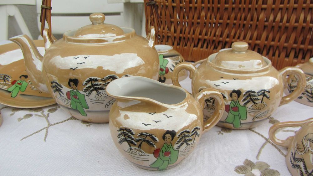 Serviciu picnic cafea ceai portelan chinezesc vechi translucid cu cos