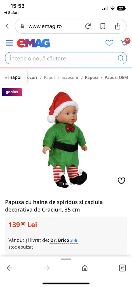 Papusa cu haine de spiridus si caciula decorativa de Craciun, 35 cm