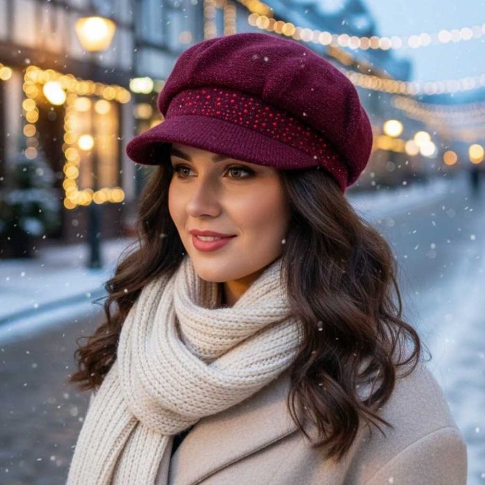 Елегантна зимна плетена шапка с козирка и камъчета
