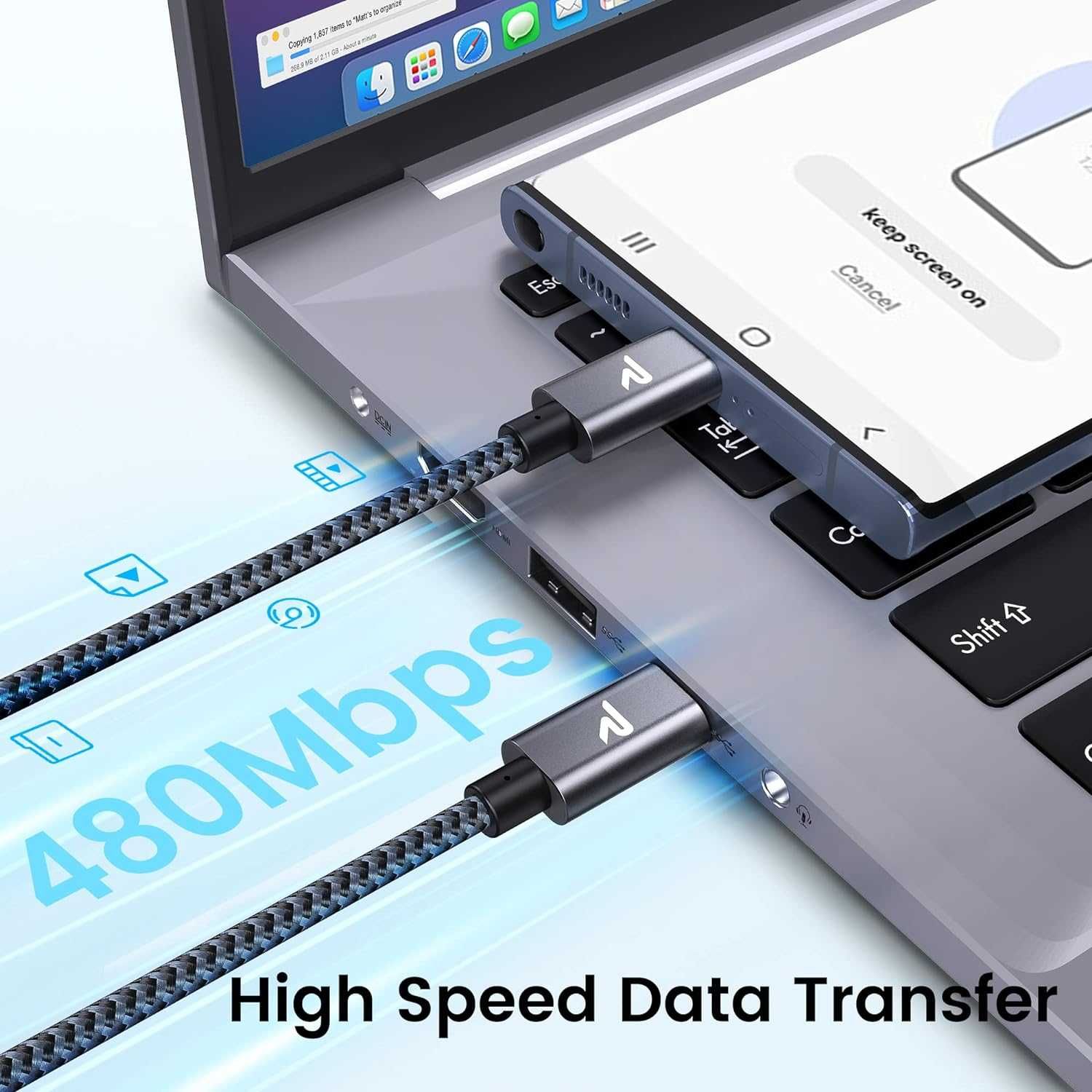 Cablu incarcare rapid IOS/Android - RAMPOW USB C 60W QC 3.0 - 20cm