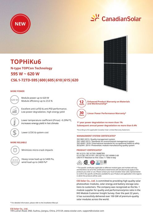 Panouri fotovoltaice Canadian Solar 615W - TOPHiKu6 (CS6.1-72TD-615)
