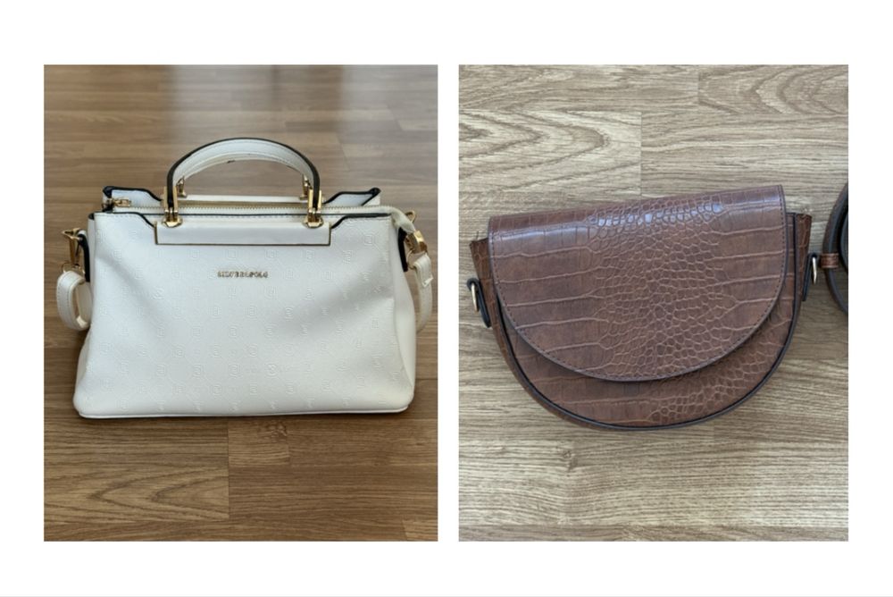 Бяла дамска чанта и кафява дамска чанта с дълга дръжка
