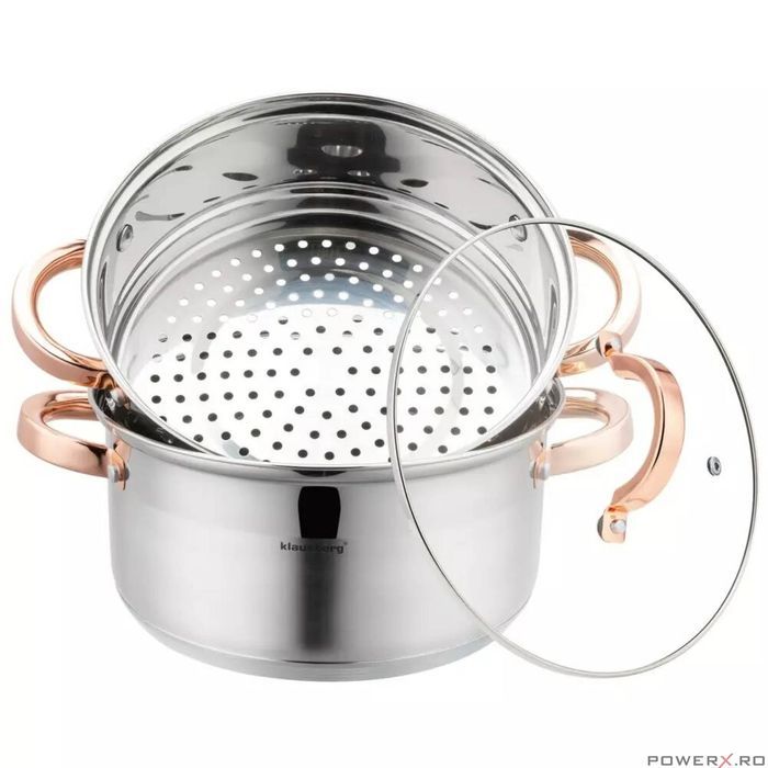 Set de 3 piese, oala pentru fiert cu abur, inox, diametru 22 cm,