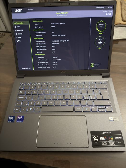 Laptop Acer Aspire 14 AI OLED Ultra 5 226V Intel Arc 16Gb DDR5 512Gb