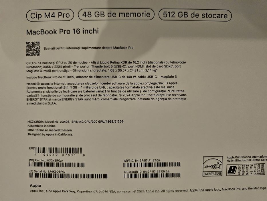 Лаптоп Apple MacBook M4 Pro 16", 14 CPU 20 GPU, 48 RAM, 512 GB SSD
