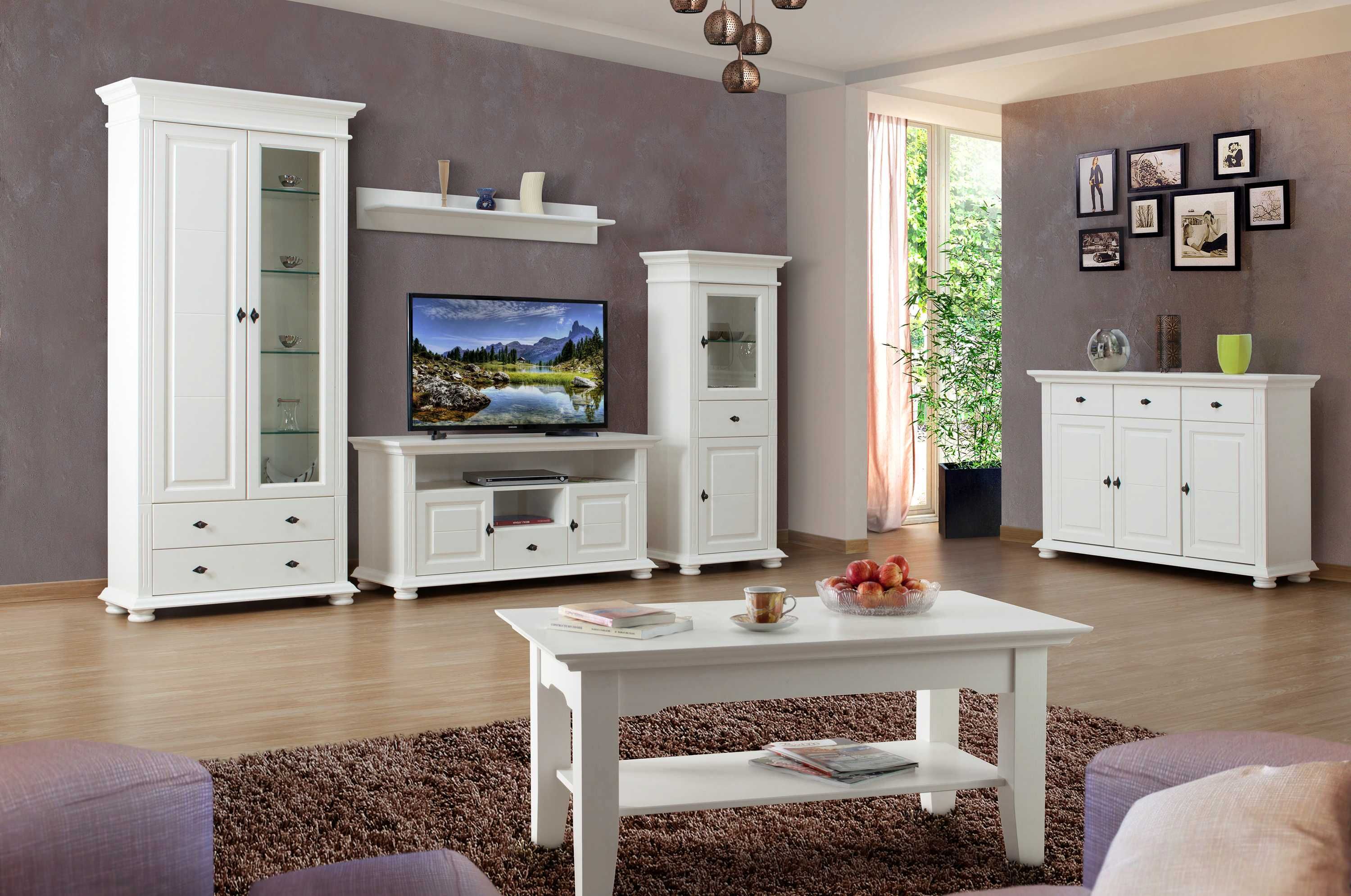 Set mobila din lemn masiv pentru living Mona, alb, stil clasic