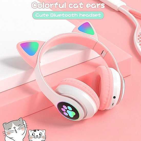 Светещи безжични bluetooth слушалки котешки уши (розови)