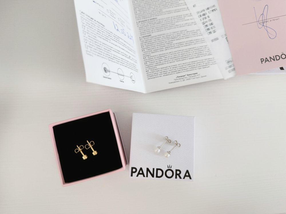 1 + 1 обеци Pandora със сертификат и кутийка Пандора перли розов камък