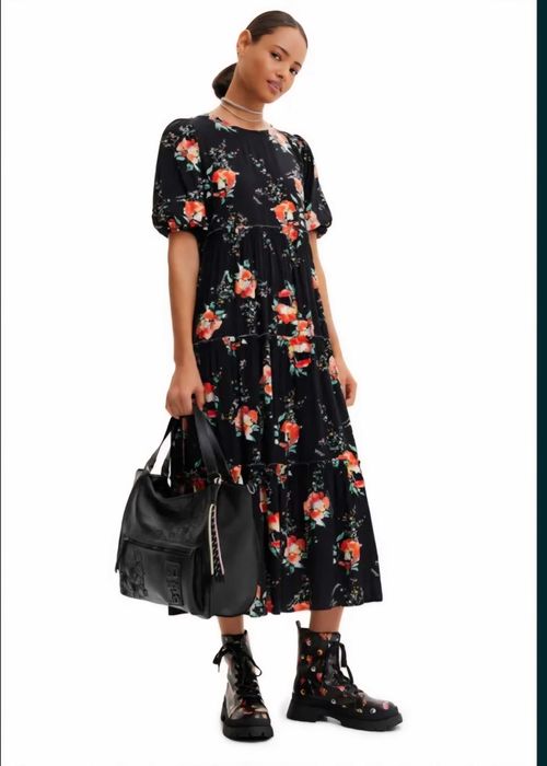 Дълга черна рокля Desigual с цветя S