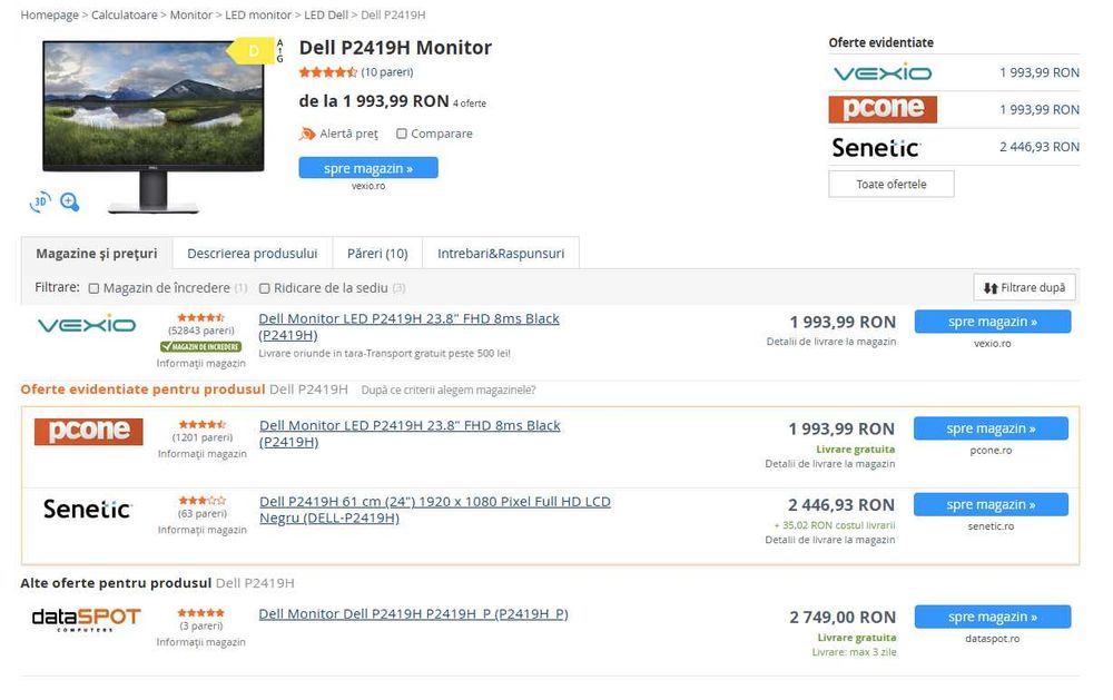 Monitor Dell P2419H, Flicker Free, Pivot , Stare impecabila