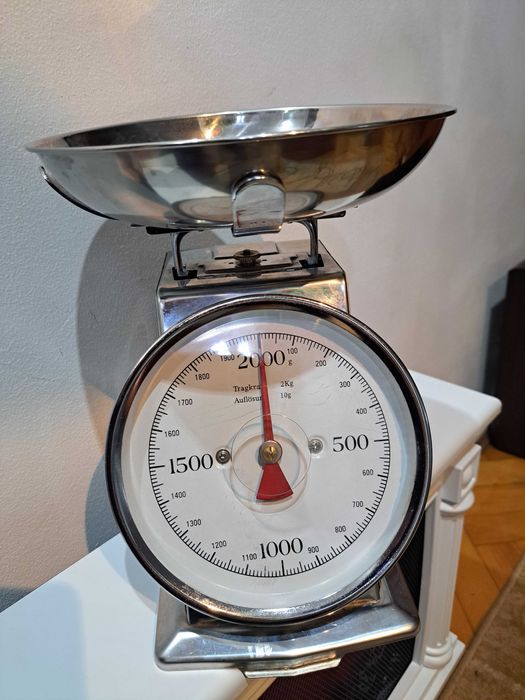 Cantar de bucatarie, mecanic, cu bol din otel inoxidabil. Vintage.