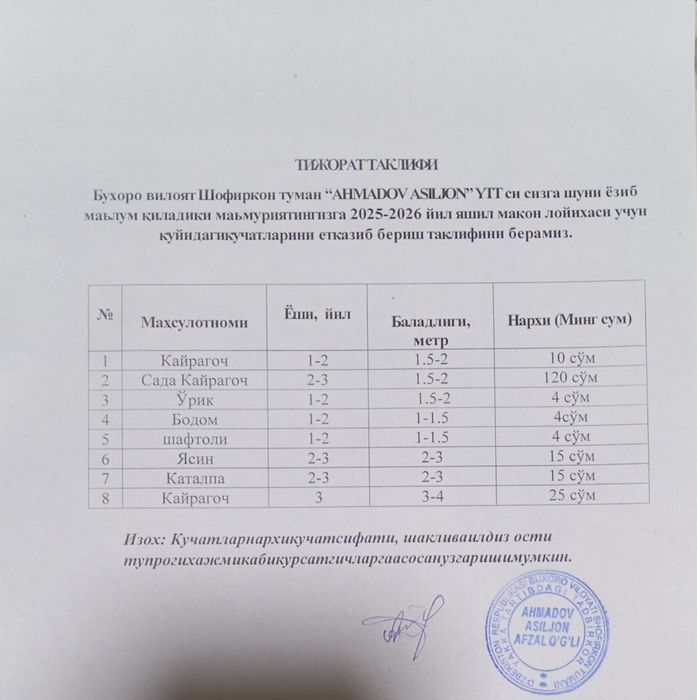 Jilvon jilosi sizlarga  tijorat taklif qilamiz