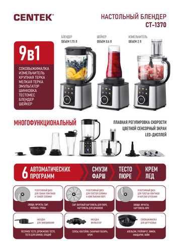 Блендер настольный 9в1 Centek CT-1370 кухонный комбайн 2000 Вт