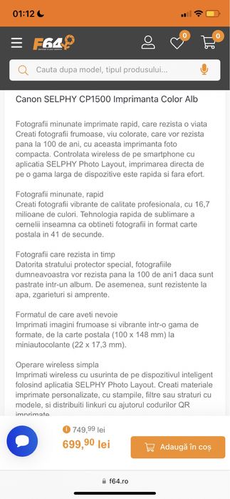 Canon selphy cp1500 imprimanta portabila color