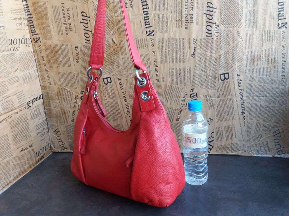 дамска чанта червена чанта с една дръжка- естествена кожа