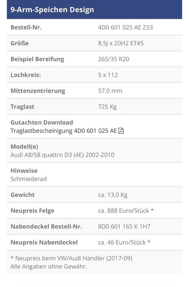 Jante OEM Audi A8L W12