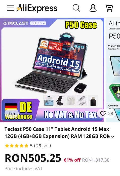 Tableta 11" ips 90hz Teclast P50 Android 15,husa,mouse,pix,tastatura