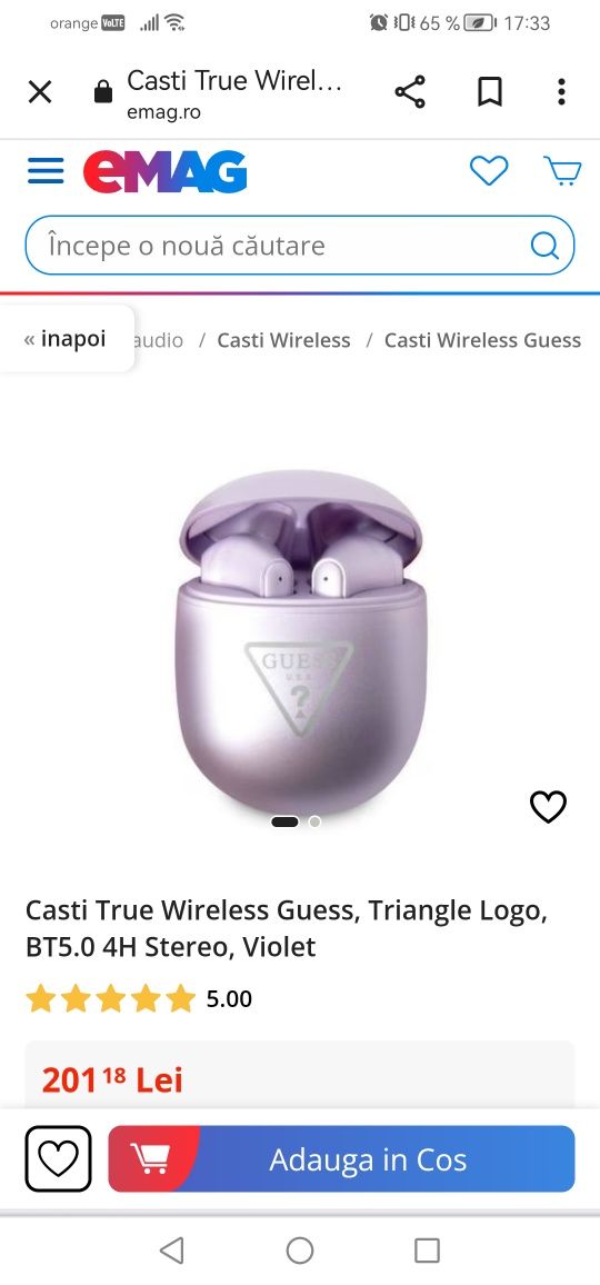 Casti True Wireless Guess, Triangle Logo, BT5.0 4H Stereo, Violet, noi