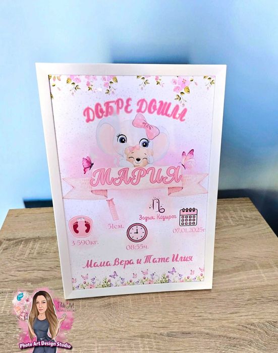 ~Бебешка Визитка с данни от раждането~ в Рамка~За момиче и момче ~