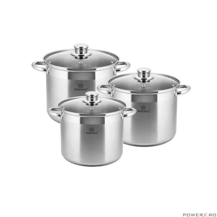 Set 3 oale din inox, cu capac sticla, 7.2l, 9l, 11.1l, KingHoff