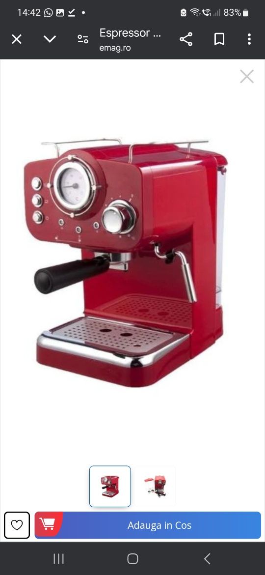Espressor manual, 1.25l, 1100W, 15 bar, rosu-agint