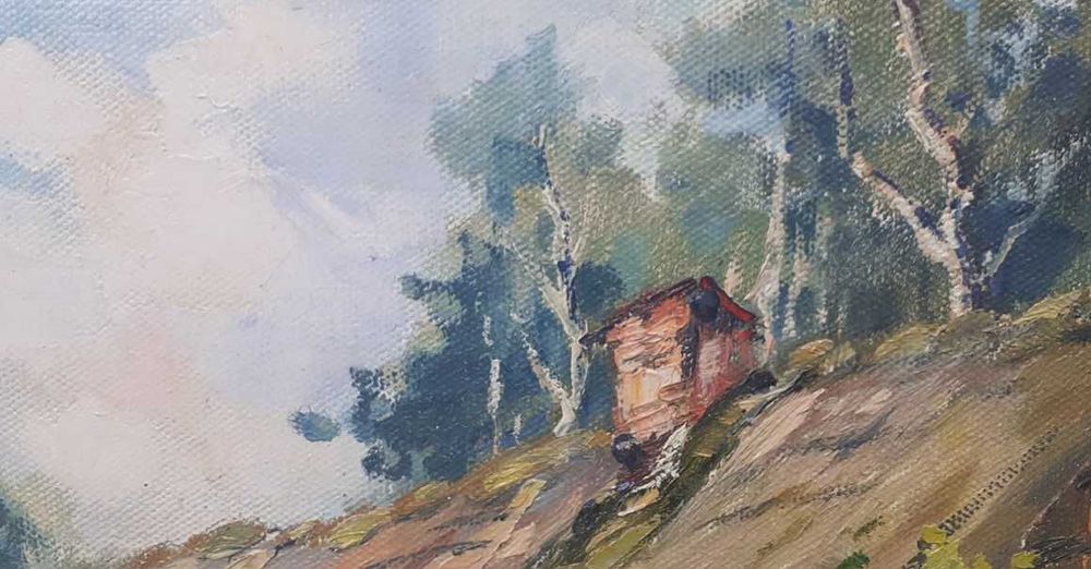 Tablou vechi - curte cu pasari domestice - semnat Baesu