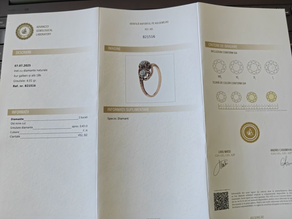 Inel Vechi Aur 18K Diamante Certificat - Toi Et Moi