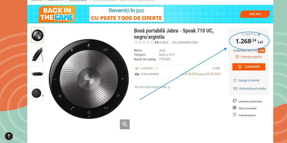 Speakerphone Jabra Speak 710 UC Dongle Bluetooth Negru,(Super Ofertă).