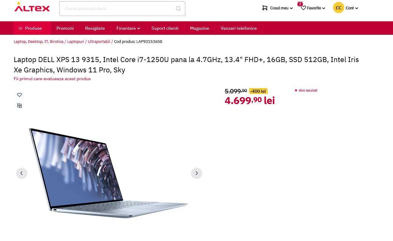 Laptop DELL XPS 13 9315, Intel Core i7-1250U 4.7GHz, 16GB, 512GB