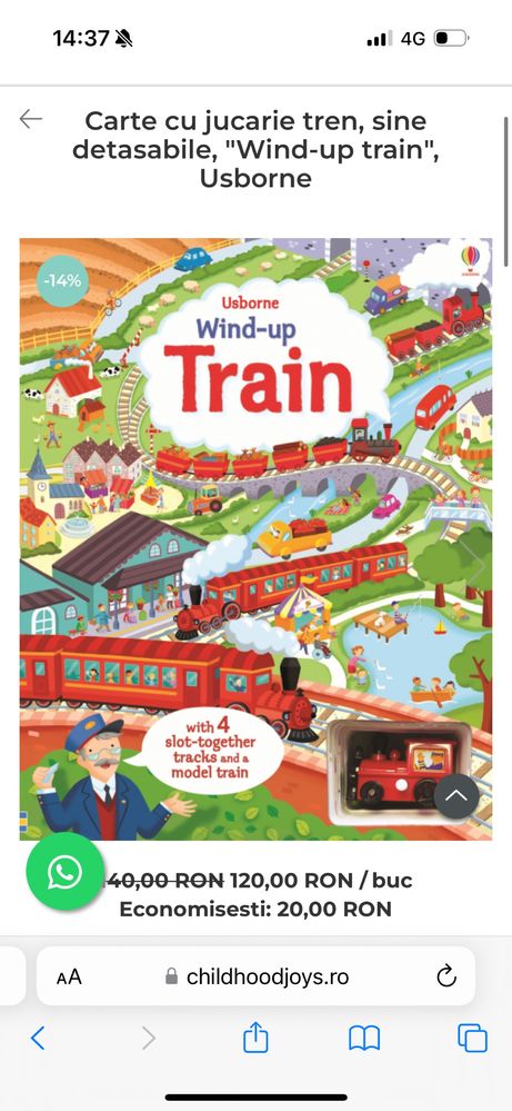 Carte cu jucarie tren, sine detasabile, "Wind-up train", Usborne