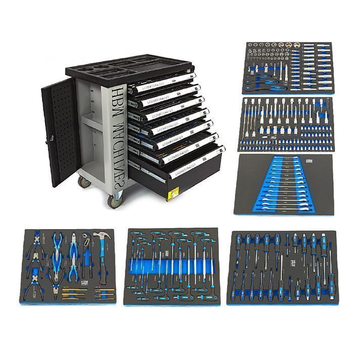Dulap scule profesional hbm cu 7 sertare, 245 piese, 6 module carbon -