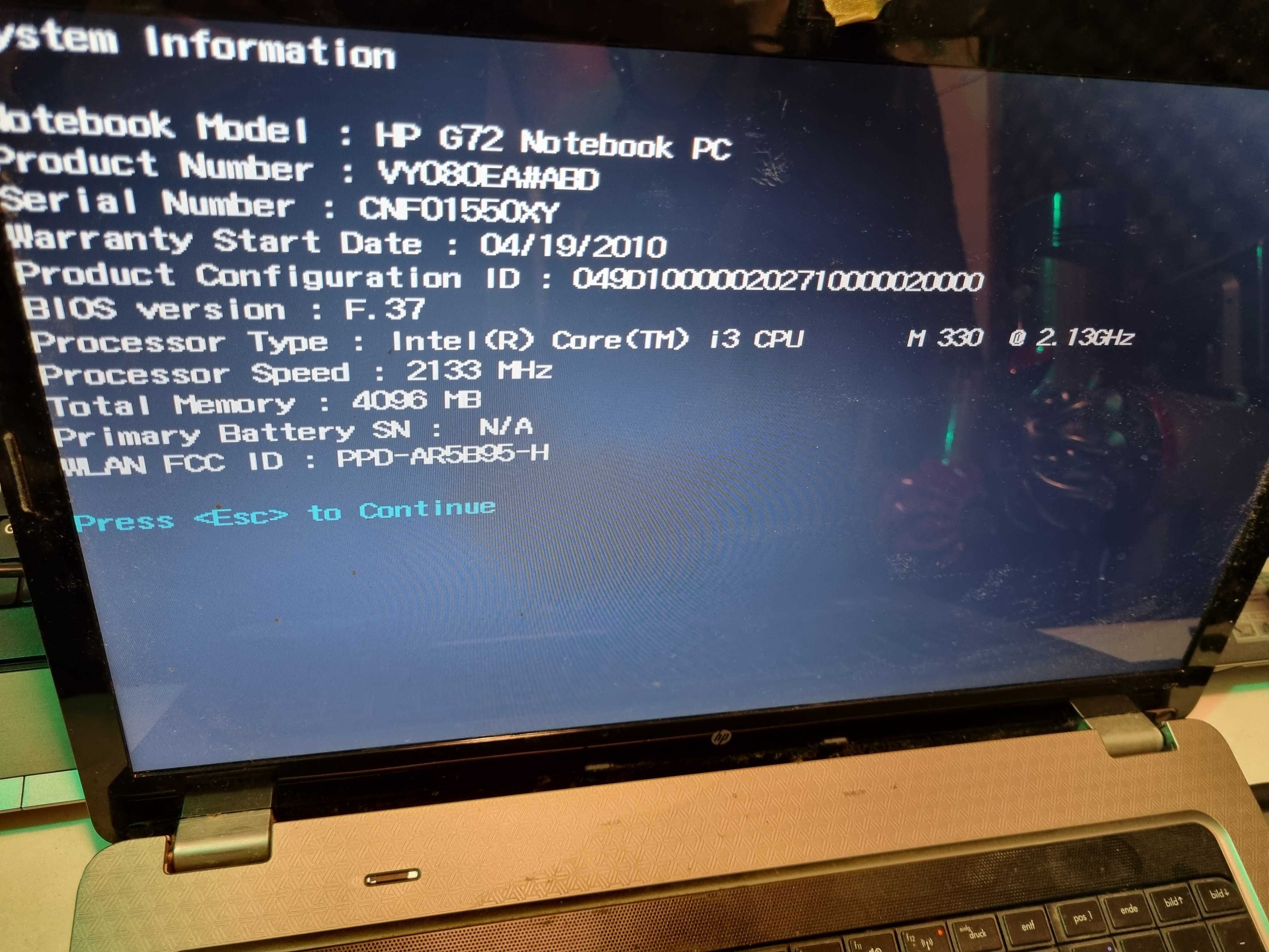 Defect Laptop HP g72 Intel i3